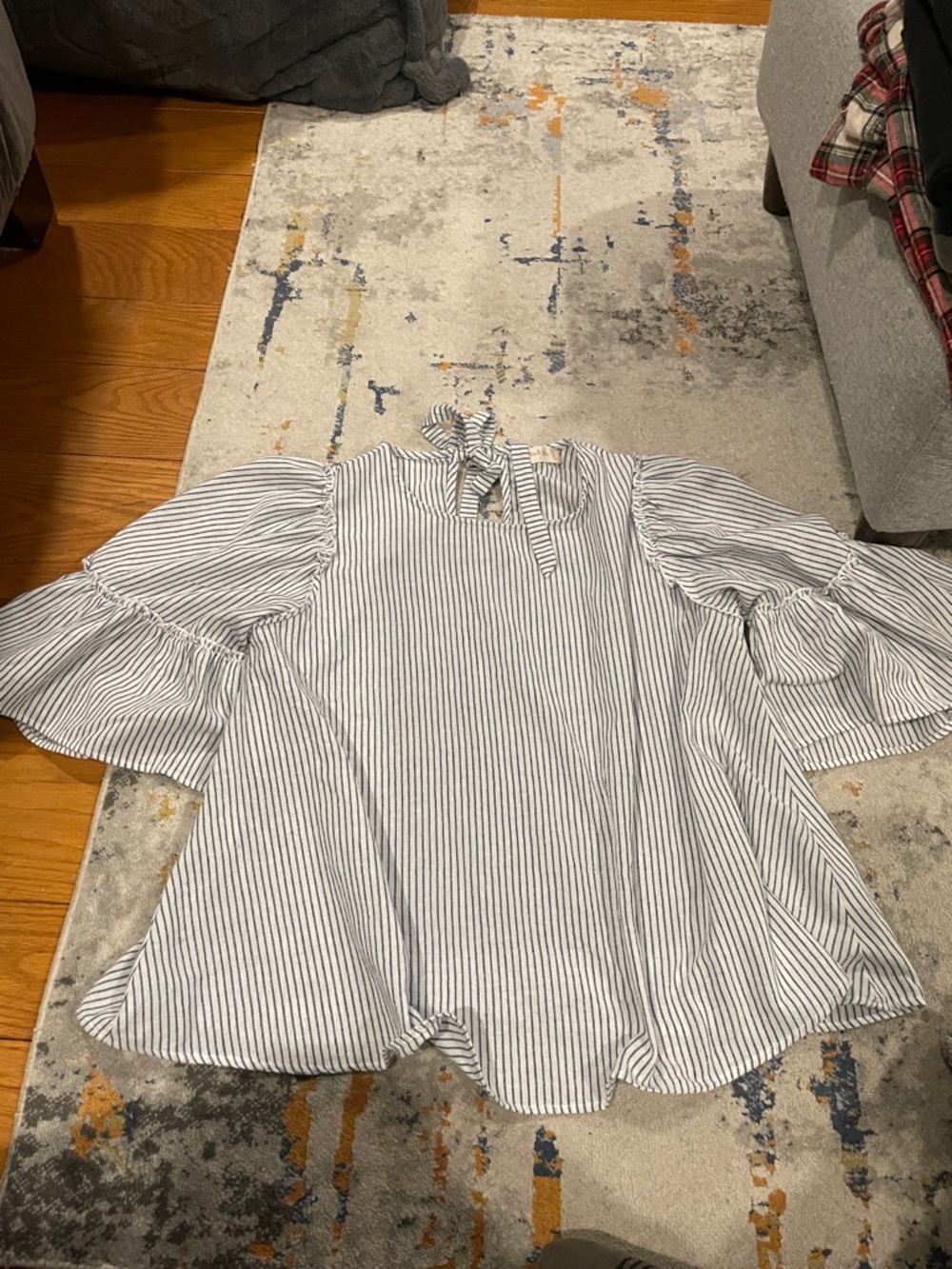 Altar'd State White and Black Striped Bell Sleeve Blouse